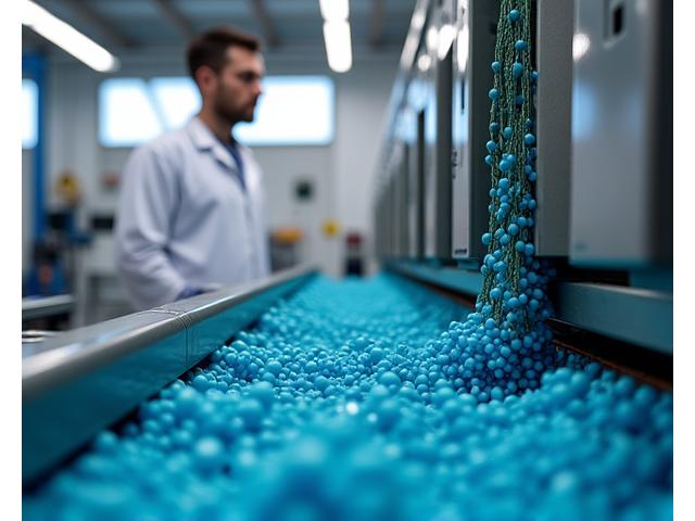 Detailed shot of a manufacturing process, showing plastic pellets being fed into machinery, with sleek, modern fishing gear emerging, symbolizing transformation.