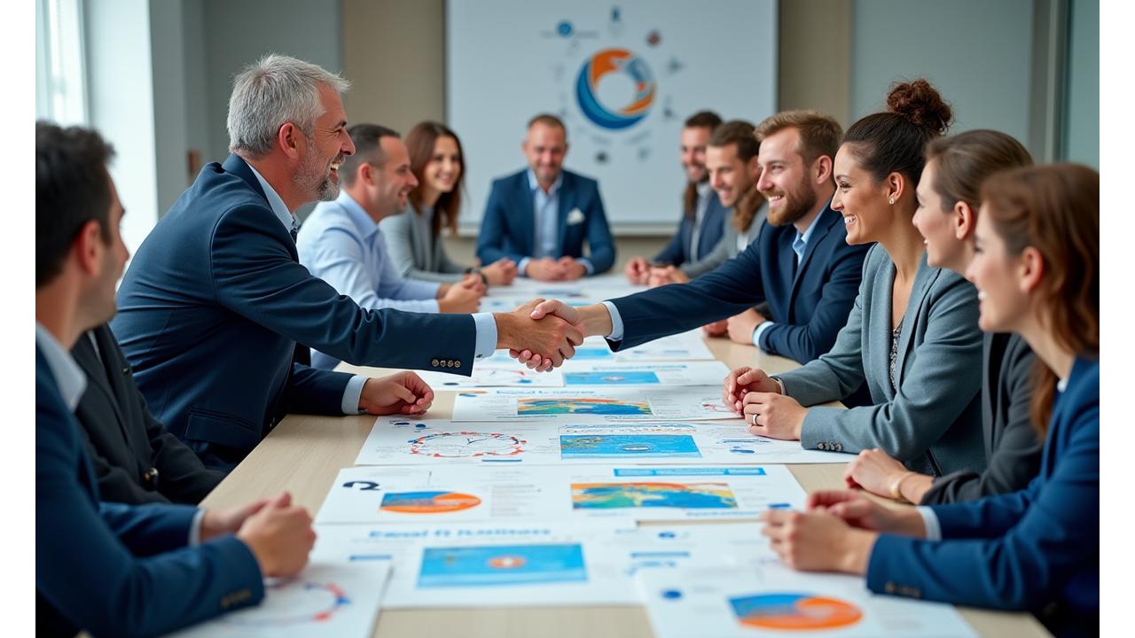 Diverse group of people from different organizations (fishermen, scientists, government officials) shaking hands over a table with circular economy diagrams and marine maps, symbolizing collaboration.