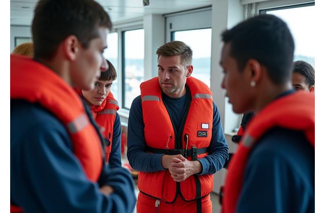 Fishing crew participating in a marine emergency duties (MED) training simulation with instructor