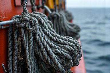 Heavy-duty longline gear with robust mainline, gangions, and hooks, designed for deep-sea groundfish operations, laid out on a clean deck.