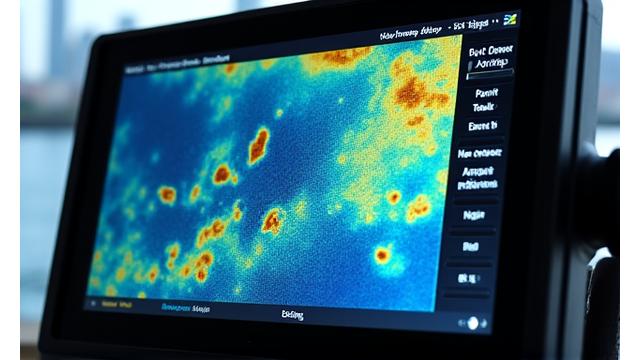 Commercial-grade multi-frequency fish finder display showing detailed sonar readings of a deepwater fish school, with clear depth indicators.