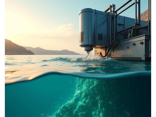 Automated fish feeder dispensing feed precisely into an aquaculture pen at sea, with minimal splash and advanced robotic design