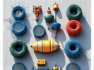 Illustration of various commercial fishing gear and aquaculture equipment, meticulously arranged, representing quality and adherence to defined standards.